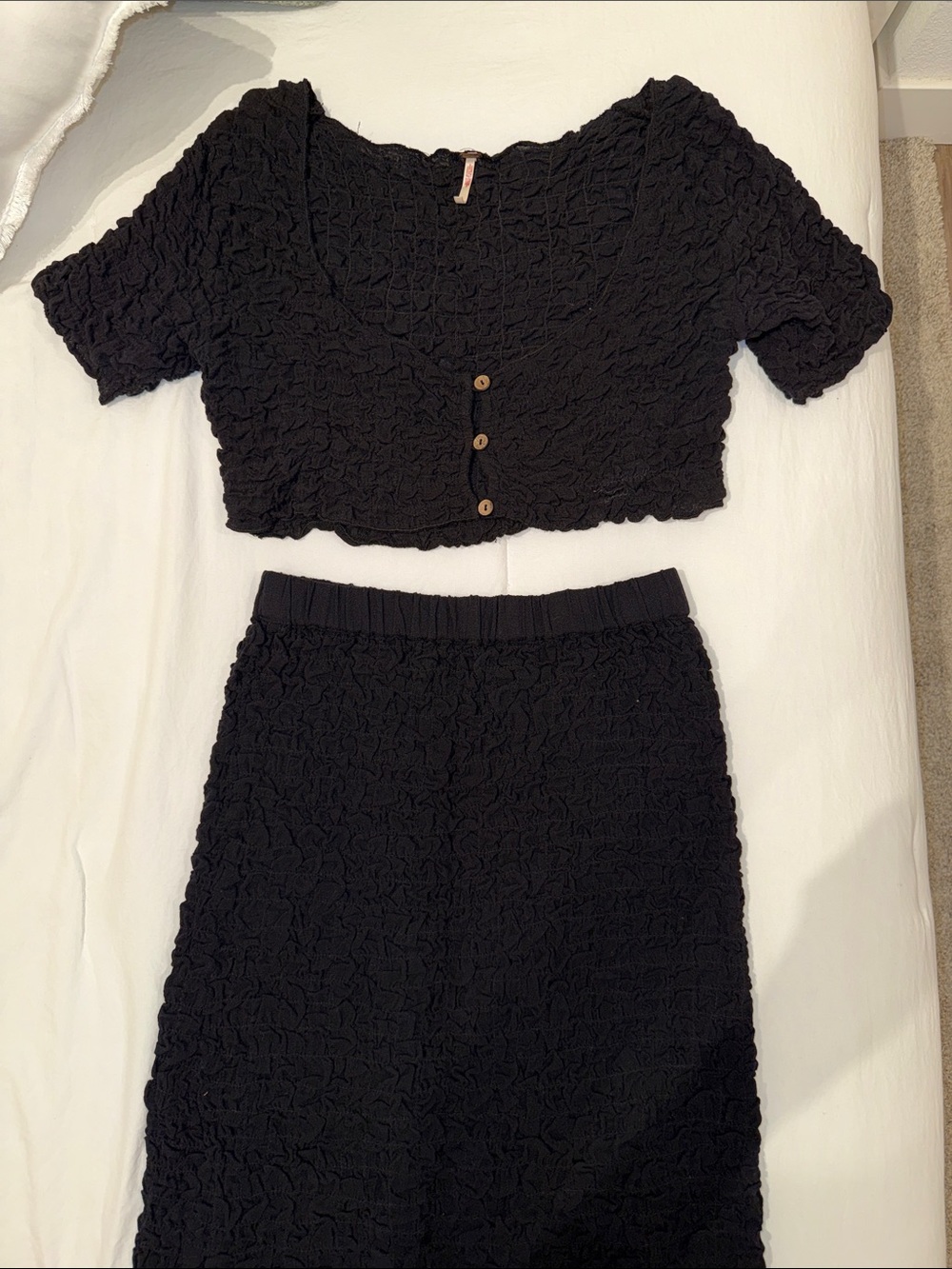 Free People Textured Black Midi Skirt & Crop Top Set
